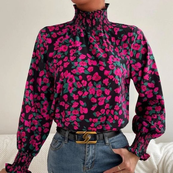 Shirred Frill Neck Lantern Long Sleeved Floral Blouse Top Pink - Picture 1 of 6